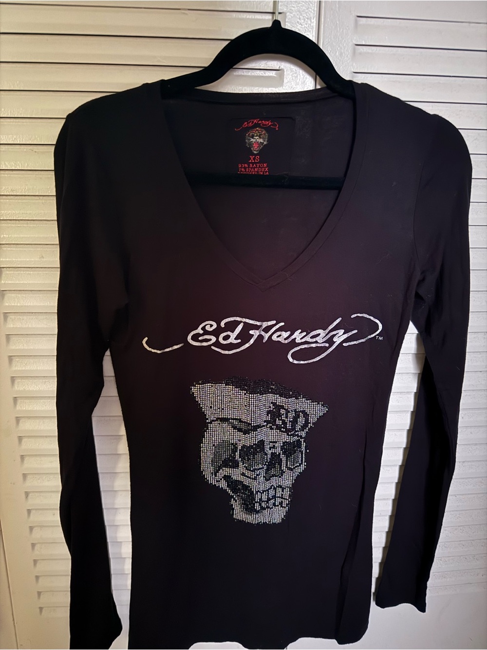 Ed Hardy Black Long Sleeve V-Neck Top with Rhinestone Skull